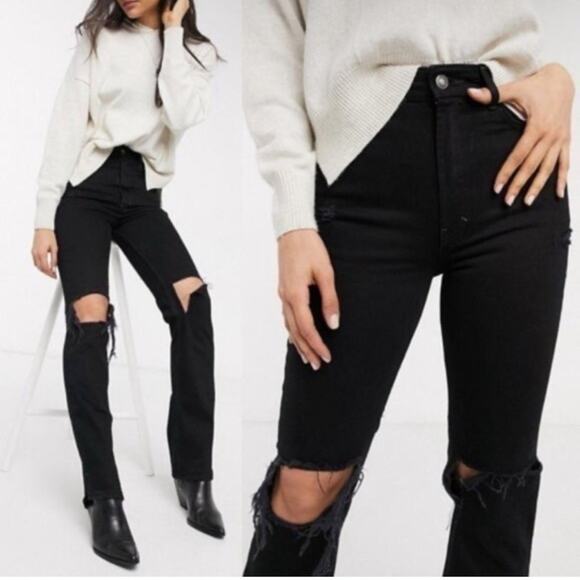 Free People Black My Own Lane Distressed High Rise Straight Leg Jeans Size 26 - Picture 2 of 16